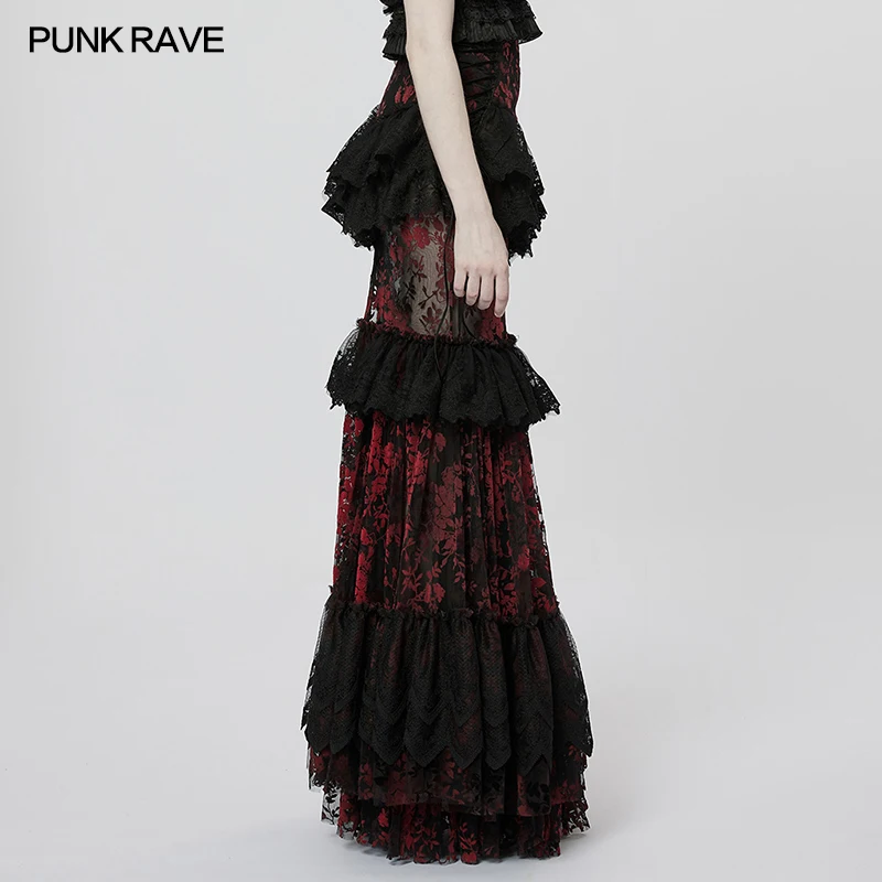 PUNK RAVE Women's Gothic Perspective Gorgeous Lace Skirt Side Velvet Drawcord Design Fashion Personality Long Skirts Women