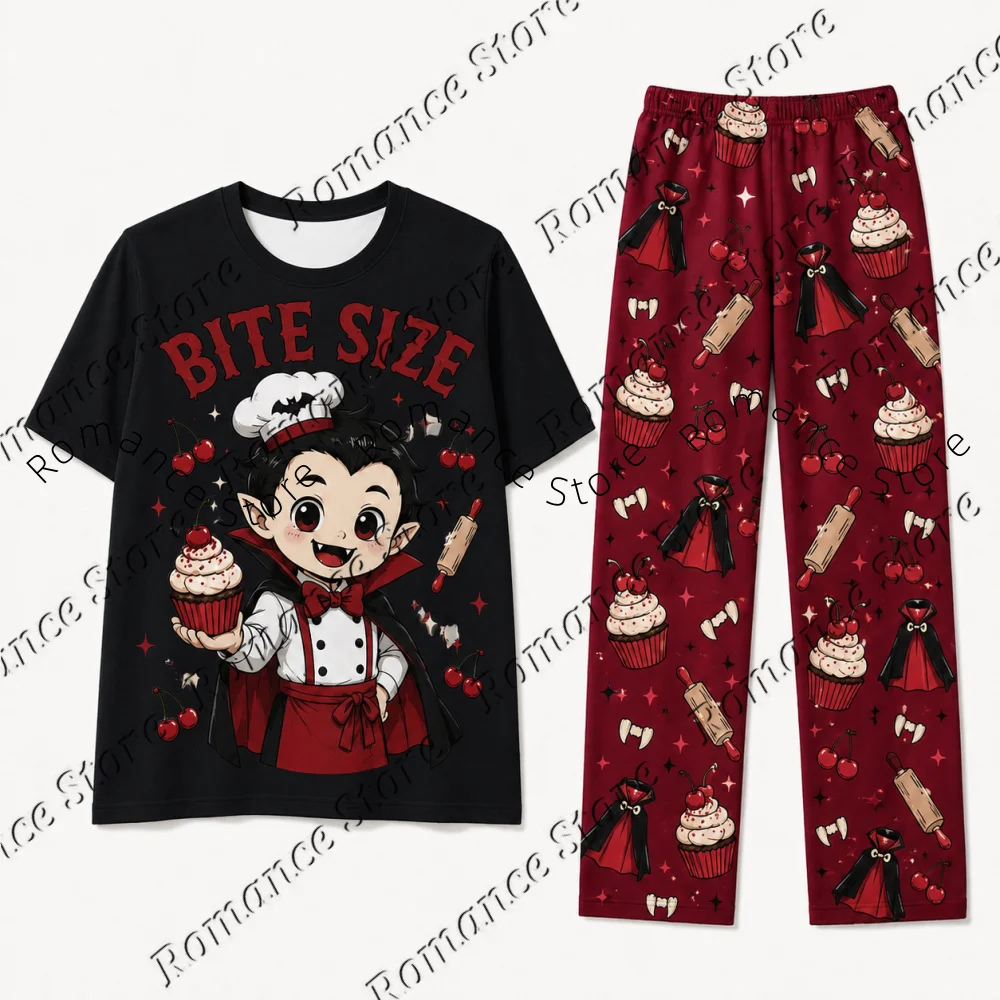 Halloween Kids Cute Vampire Chef 2‑Piece Set Short Sleeve Crew Neck T‑Shirt Long Pants Cupcake Cherry Casual Family Tshirt Suit