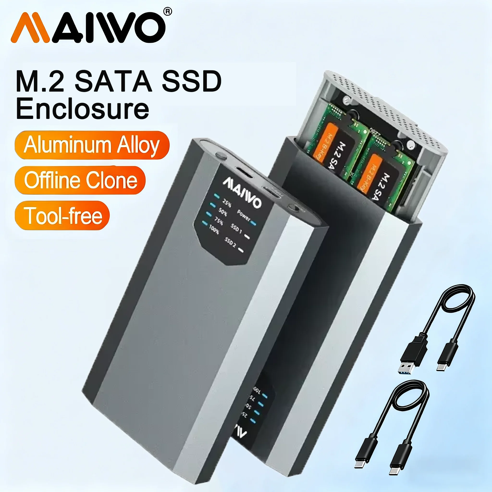 

MAIWO Протокол M.2 NGFF Корпус для жесткого диска M.2 SATA с двумя байками 5 Гбит/с Мобильный жесткий диск без инструментов с автономным клонированием 5 В/3 А
