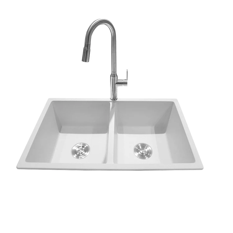 New Thsink Kitchen Sink Quartz Stone Double Bowl Modern White Above Counter Installation 5 Year Warranty