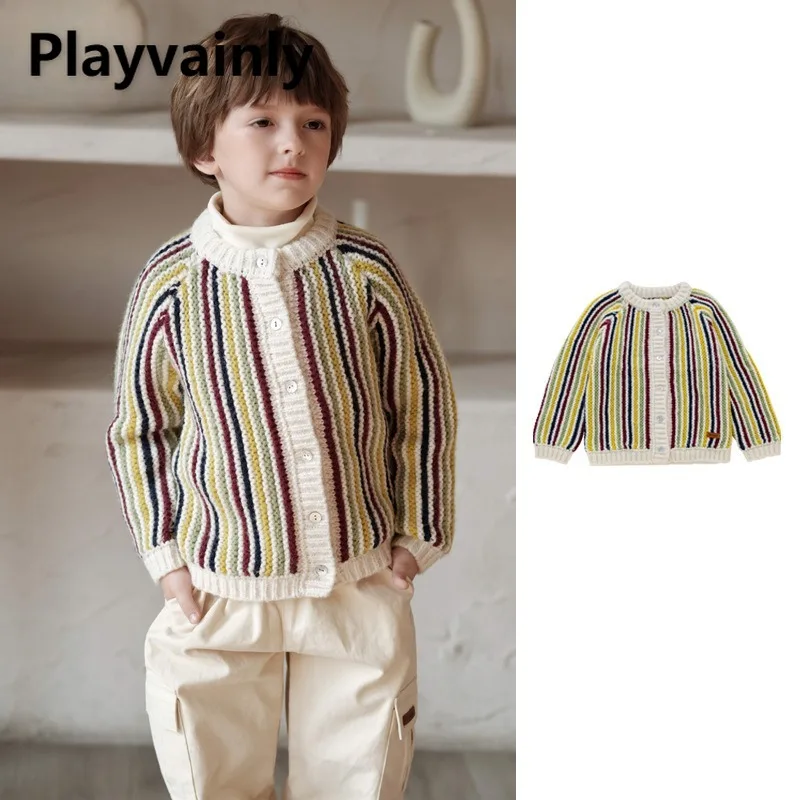 

Детский кардиган с цветными блоками, новый осенне-зимний свитер с круглым вырезом в радужную полоску для мальчиков и девочек, пальто, вязаная шапка, детские топы W5214
