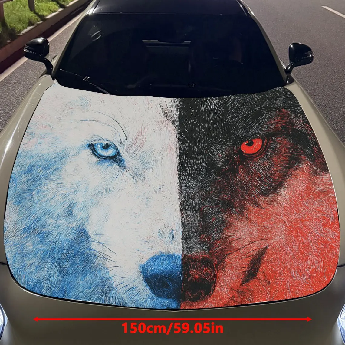Car Decals Wolf Featuring Split Blue and Red Color Schemes with Distinct Eye Colors Car Hood Sticker, Waterproof Self - Adhesive