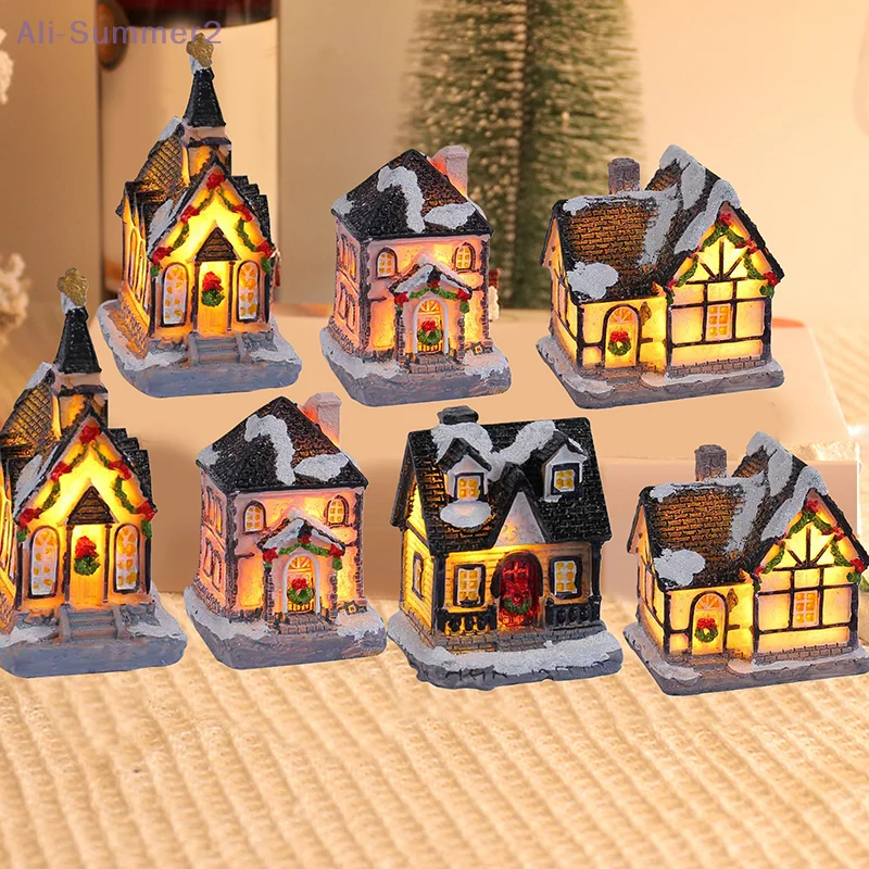{Summer2}Mini LED Christmas Village Resin Crafts Snow House Buildings LED Light DIY Home Indoor Decoration Xmas Gifts