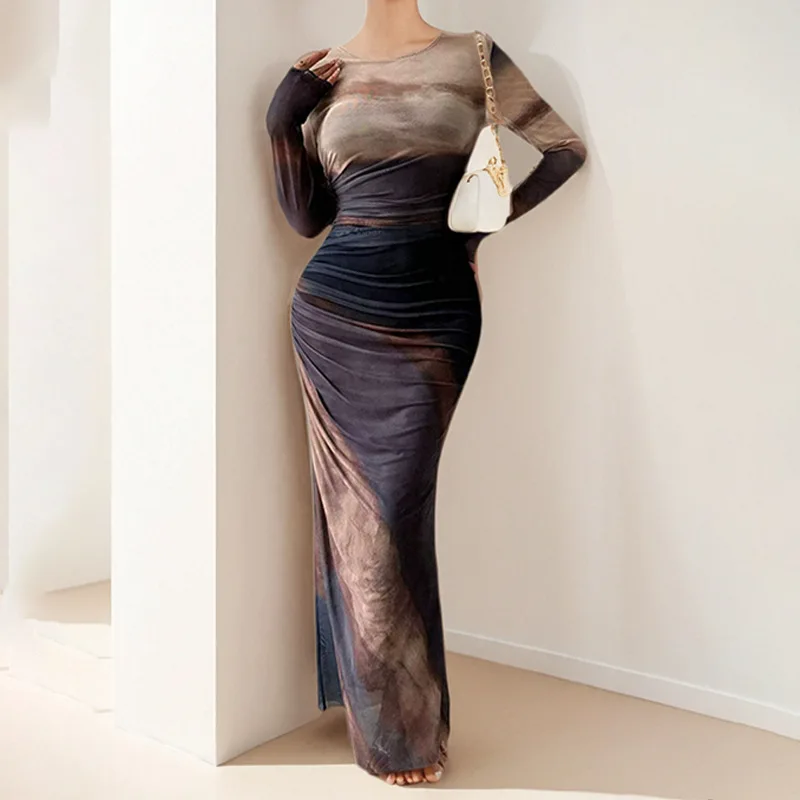 

Elegant Women's Dress Printed Sexy Striped Long Sleeve Round Neck Dress Fashionable Slim High Waist Hip Elegant Dress Streetwear