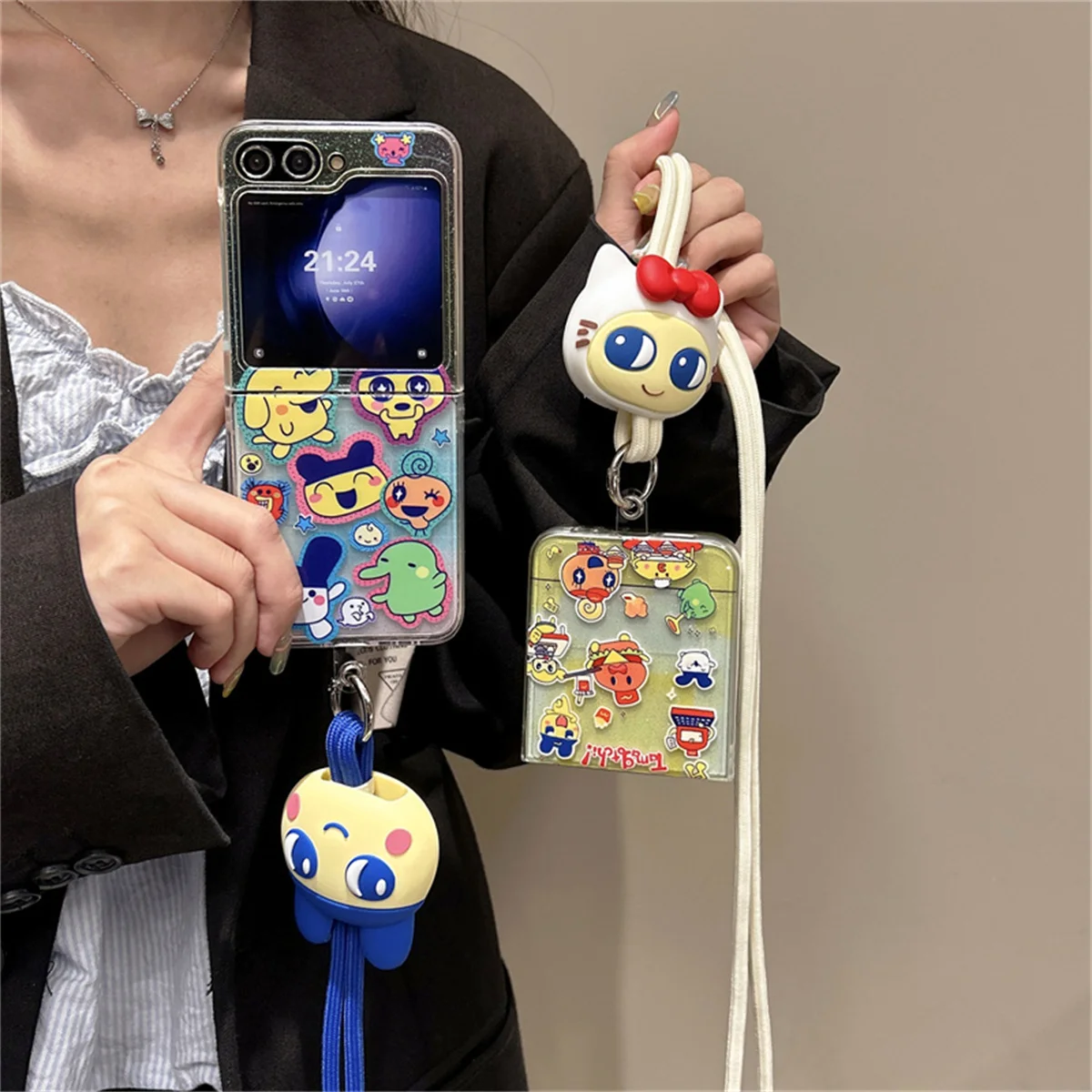 

Fashion Cute Cartoon Glitter Phone Case For Samsung Galaxy Z Flip 7 6 5 ZFlip7 ZFlip5 ZFlip6 Cover with Lanyard Lovely Cases