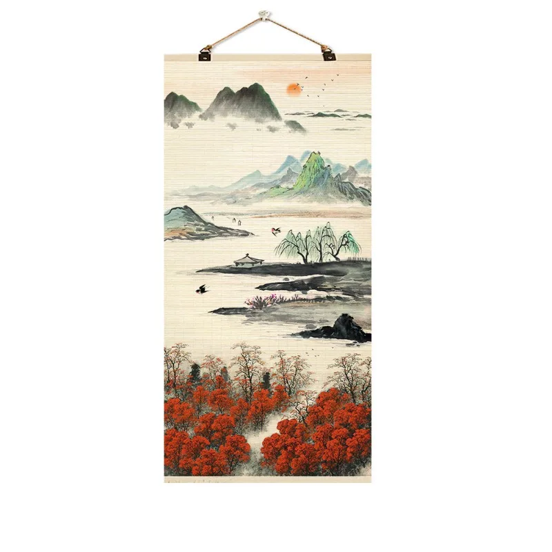 Chinese Bamboo Curtain Scroll, Artistic Landscape Printed Bamboo Wall Hanging, Vintage‑Style Wall Adornment