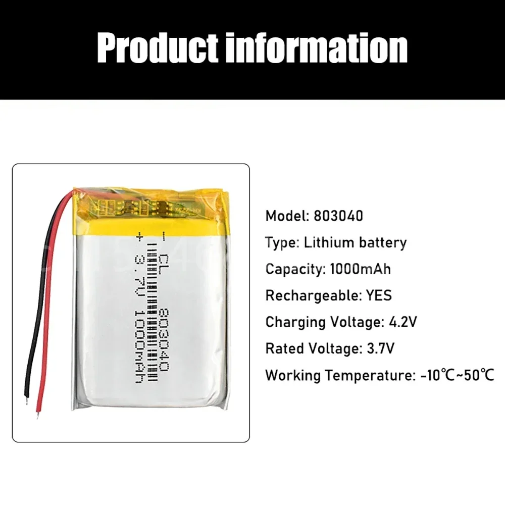 1000mah 3.7v 803040   แบตเตอรี่ลิเธียม li polymer สําหรับหนังสืออิเล็กทรอนิกส์แท็บเล็ตของเล่น Mobile Pocket เปลี่ยนแบตเตอรี่