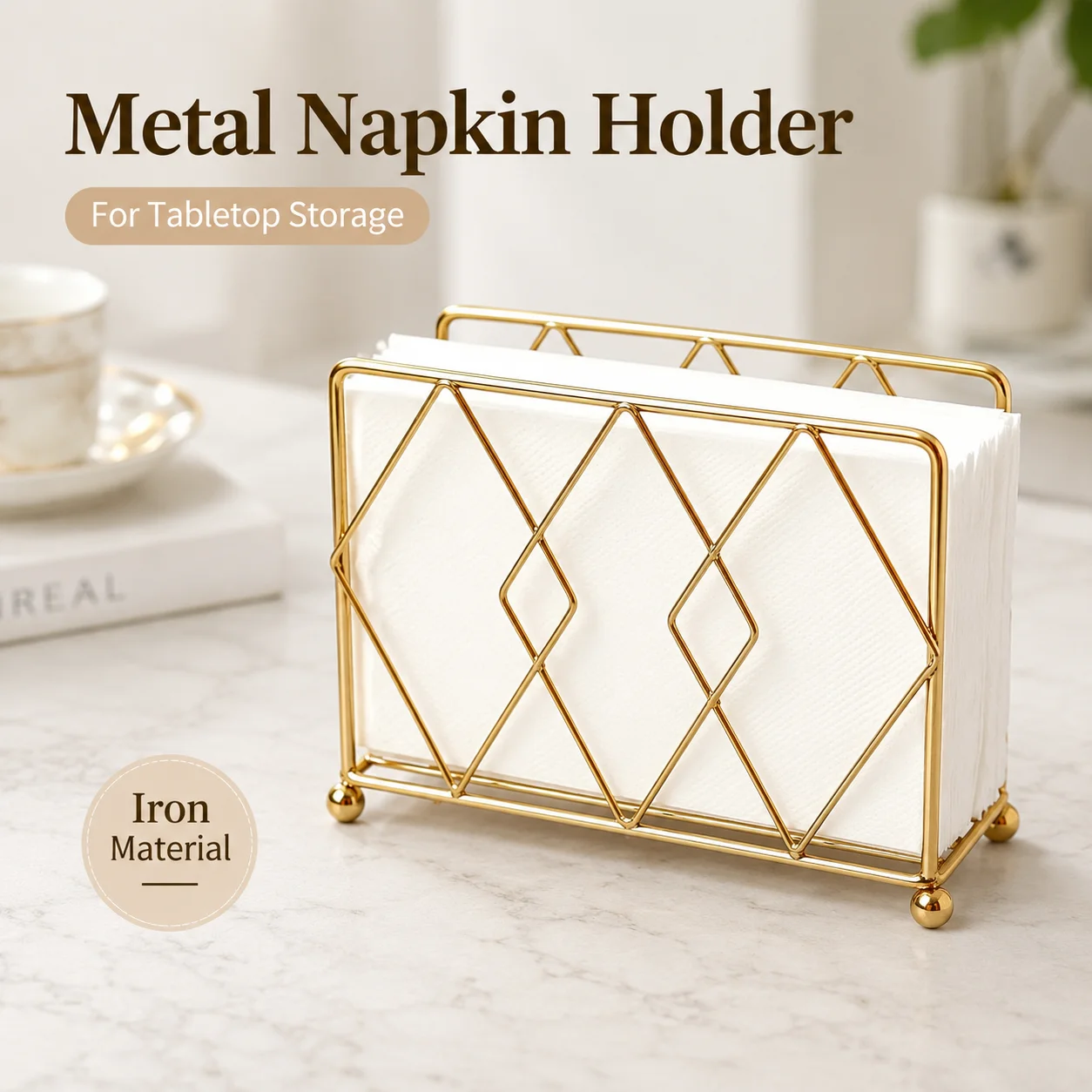Gold Metal Napkin Holder Iron Desktop Tissue Rack Upright Paper Napkin Stand for Restaurant Cafe Hotel Dining Table Storage