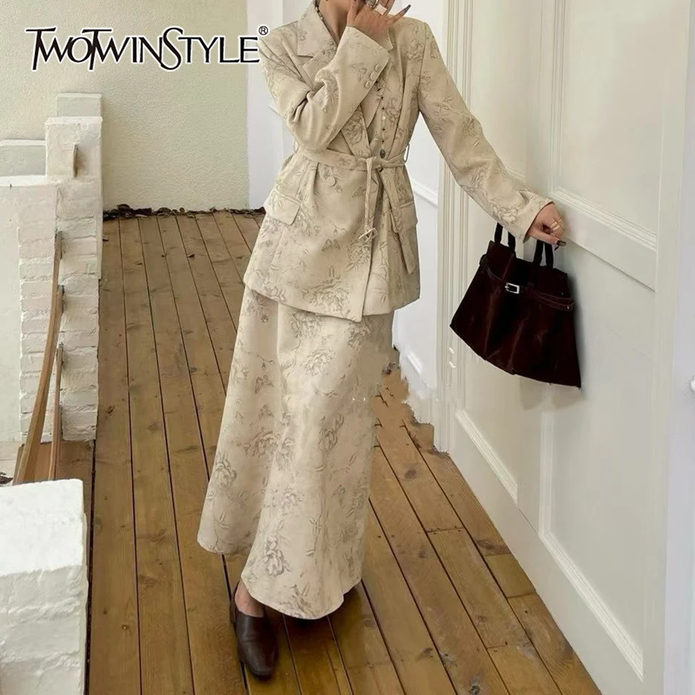 

TWOTWINSTYLE Solid Spliced Printing Two Piece Set Female Lapel Long Sleeve Jacket Elegant Temperament Women's Skirt Set Fashion