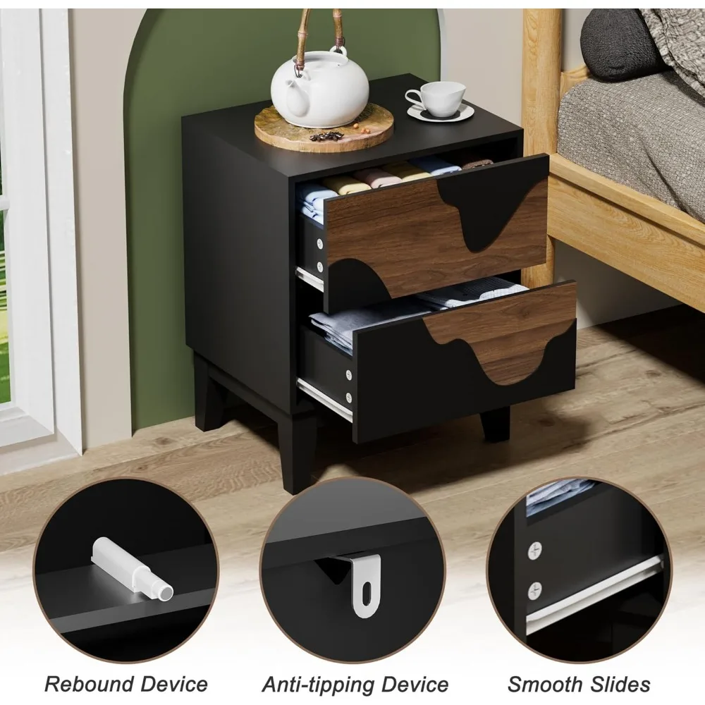 زوج من طاولات النوم الحديثة، طراز منتصف القرن بنمط مائي، لمسات خشبية لطاولات جانبية لغرفة النوم