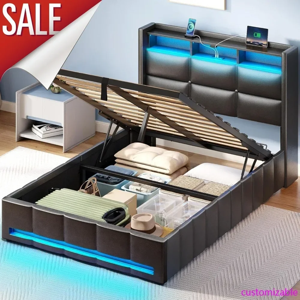 Top Fashion-Bed Frame Twin Size With Lift Up Storage, Charging Station & LED Lights, Upholstered Storage Headboard, He