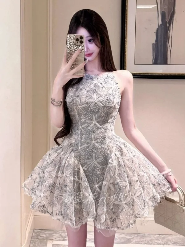 Elegant Miss Rich Girl Style Sleeveless Dress Summer High Waist Puffy Short Skirt Birthday Celebration Women's Fashion Dress