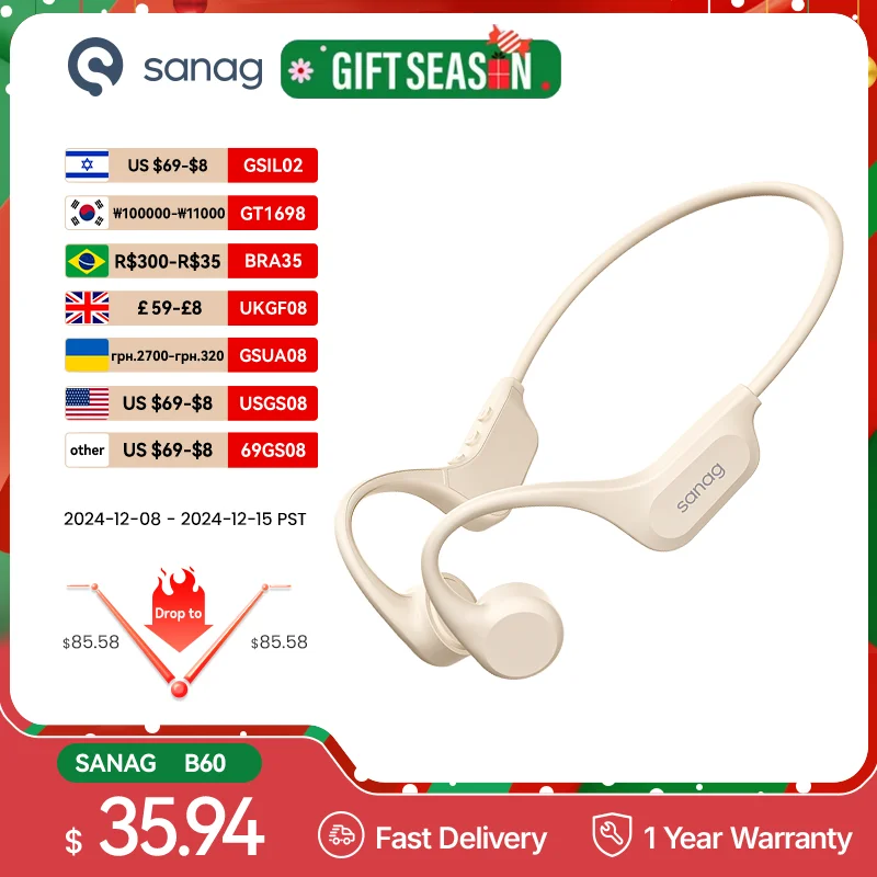 Sanag B60 pro Bone Conduction Earphone IPX8 Wireless Open headset Bluetooth 5.3 Swimming Bluetooth headphones 64GB MP3 Earbuds