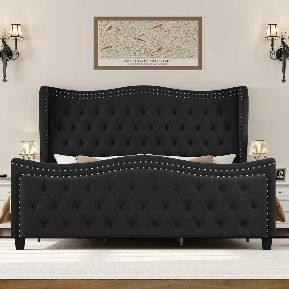 Queen Bed Frame, Fluwelen Handgemaakte Plooien Met Diepe Knop Getuft Wingback Platform Bed, Geen Boxspring Vereist, Zwart, Bedframes