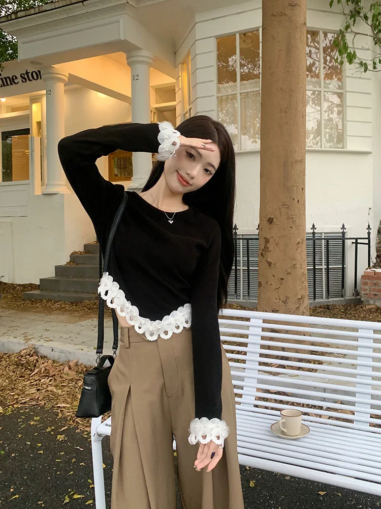 American Retro Black Tees Fashion Pearl T-Shirts New Design Cozy O-Neck Crop Top Office Lady Casual Ins Gothic 2000s Aesthetic