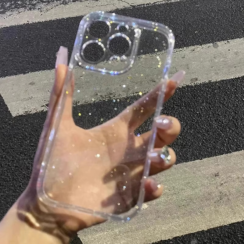  Bling Glitter Transparent Phone Case For iPhone 15 14 16 Pro 13 11 12 17 Pro Max Air Shockproof TPU Silicone Soft Bumper Cover 
