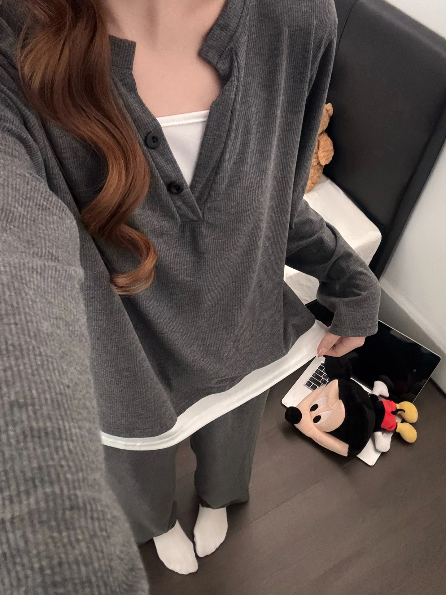 

Korean Lazy Style Pure Color Women's Sleepwear Long Sleeve Long Pants Comfortable Casual Home Clothes Set Spring Autumn New A...