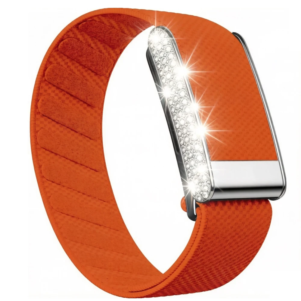 

Подходит для замены ремешка Whoop 5.0, эластичный нейлоновый ремешок с бриллиантовыми вставками, полностью усыпанный стразами, с яркой серебристой металлической U-образной рамкой.