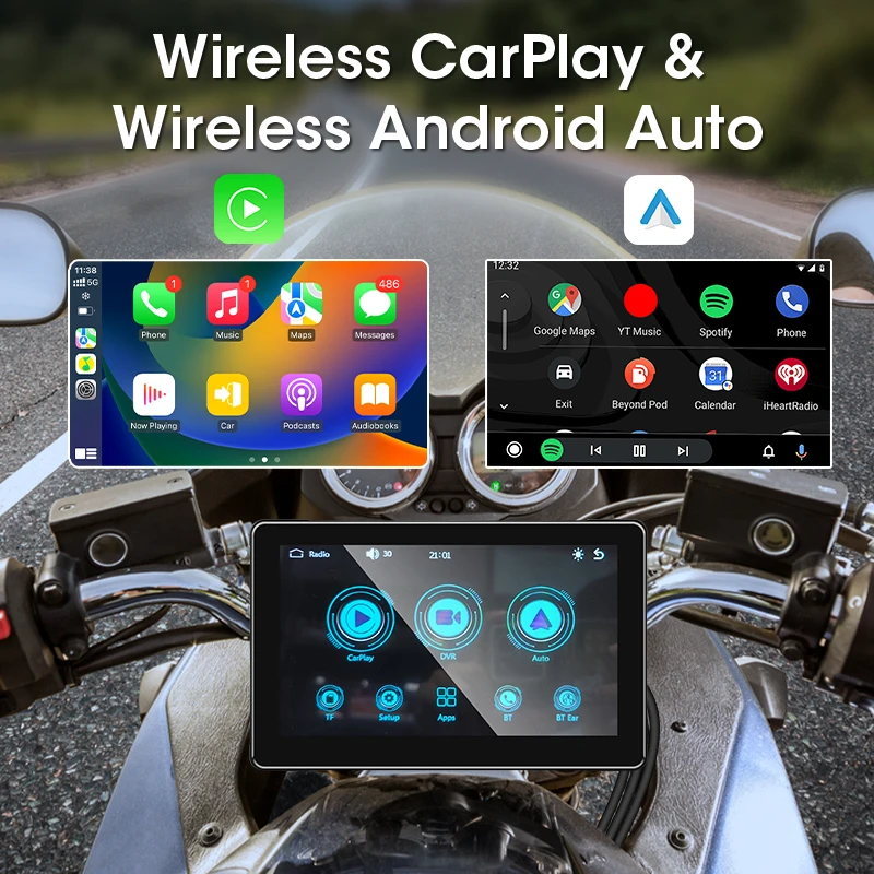7 Inch Portable Motorcycle Navigation GPS Wireless Apple Carplay Android Auto IPX7 Waterproof Mot Front Rear Dual Bluetooth DVR