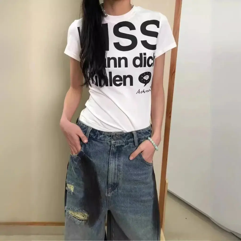 

Women's Retro Letter Print T-Shirt 210g 40 Cotton round Neck Short Sleeve Hong Kong Style Slim Fit Top for Casual Wear