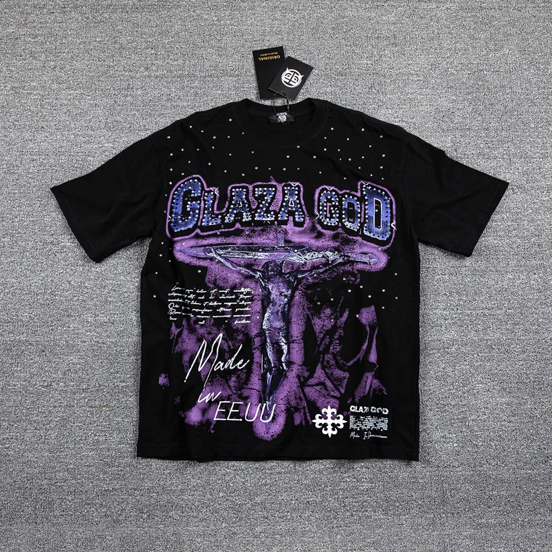 America Trend New Glaza God T-shirt Retro Casual Black High Quality Rhinestone Pattern Printed Short Sleeve Tee