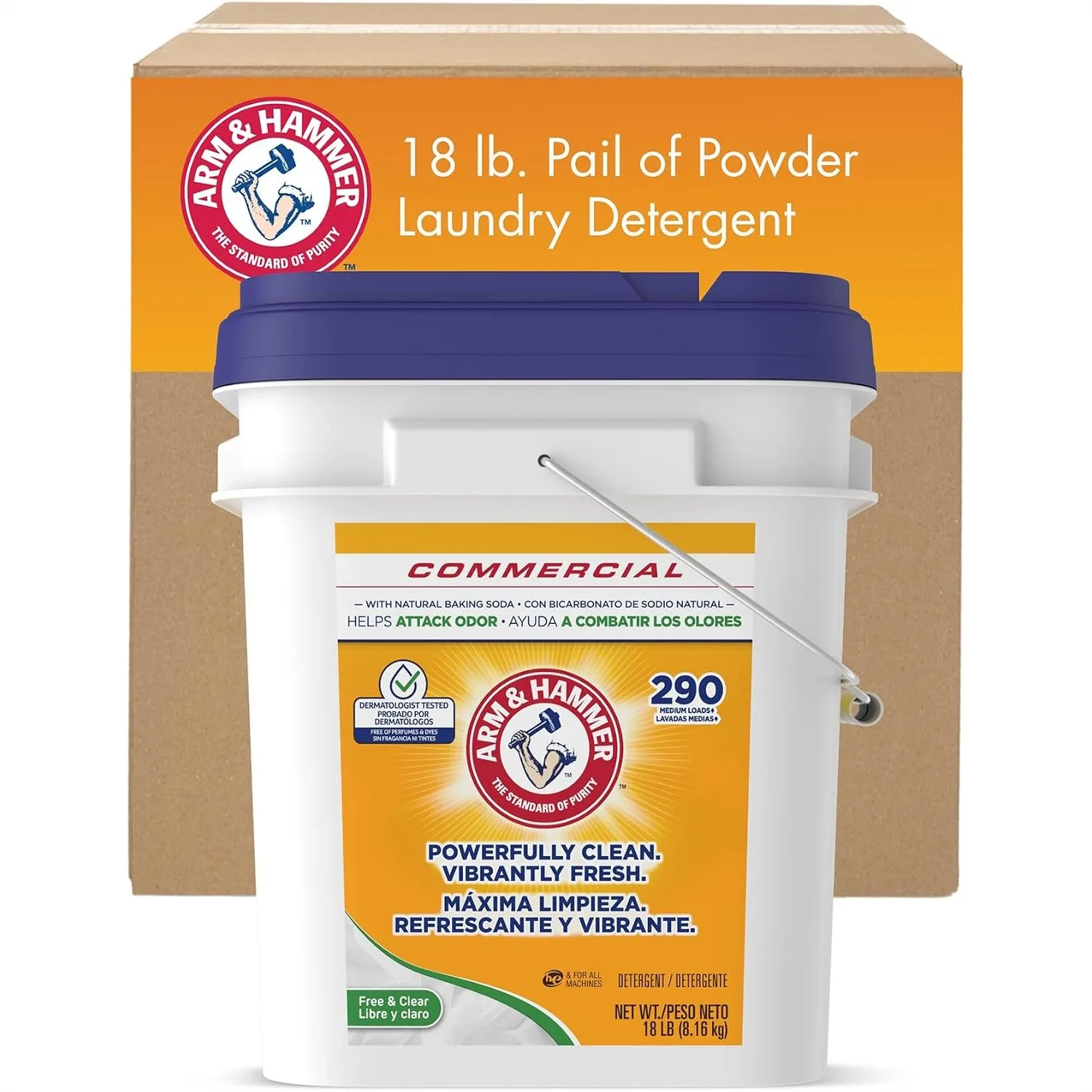 Powder Laundry Detergent 18lb Pail 290 Loads Free and Clear for Sensitive Skin HE Compatible