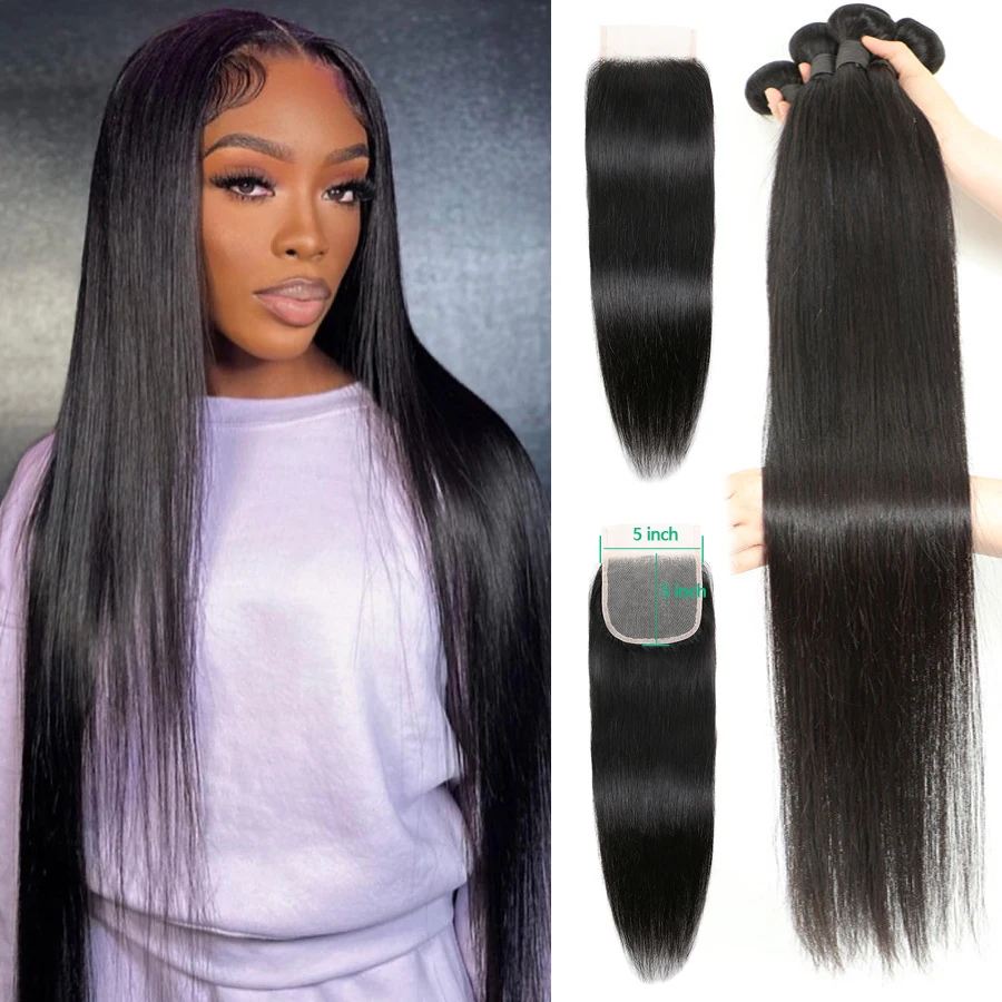 

5X5 Lace Closure With 30 40 Inch Human Hair Bundles With Straight Brazilian Weave 3 Bundles With Closure Remy Hair