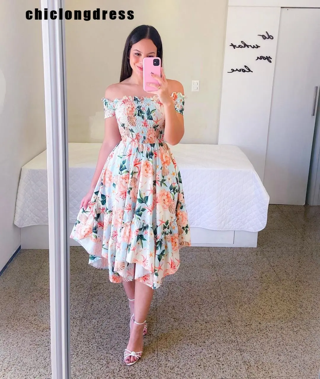 Summer Fashion Off Shoulder Flower Dress Elegant Slash Neck Short Sleeve Flower Print Elastic Irregular Dress Women