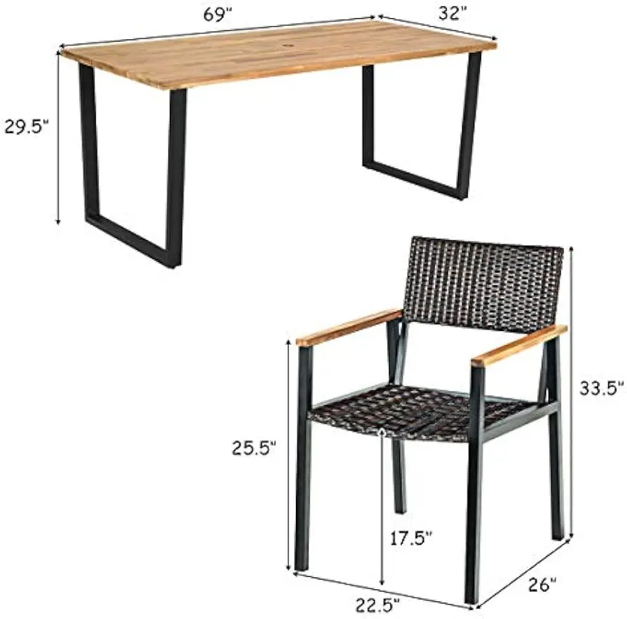 7PCS Outdoor Dining Set, Patented Patio Furniture Set w/Large Rectangle Acacia Wood Table Top, Rattan Chairs with Steel Frame