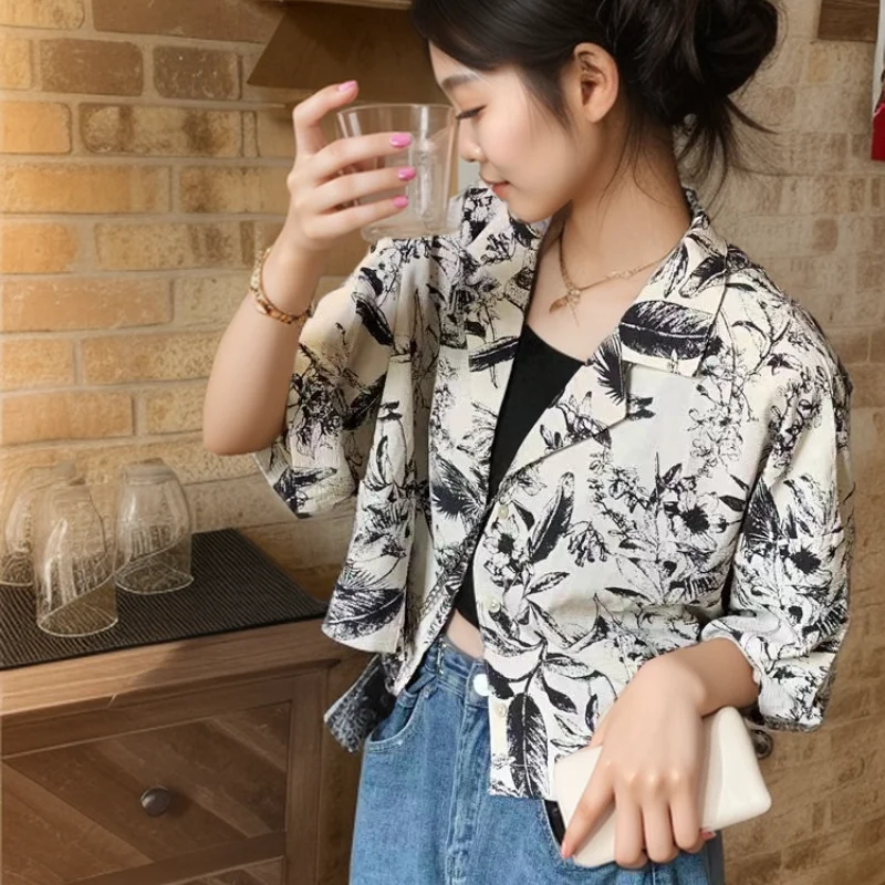 Floral Shirts Women Loose New Tops Summer Sun-proof Chic Turn-down Collar Crop Hot Sale Seductive Vintage Ulzzang Temper Ins