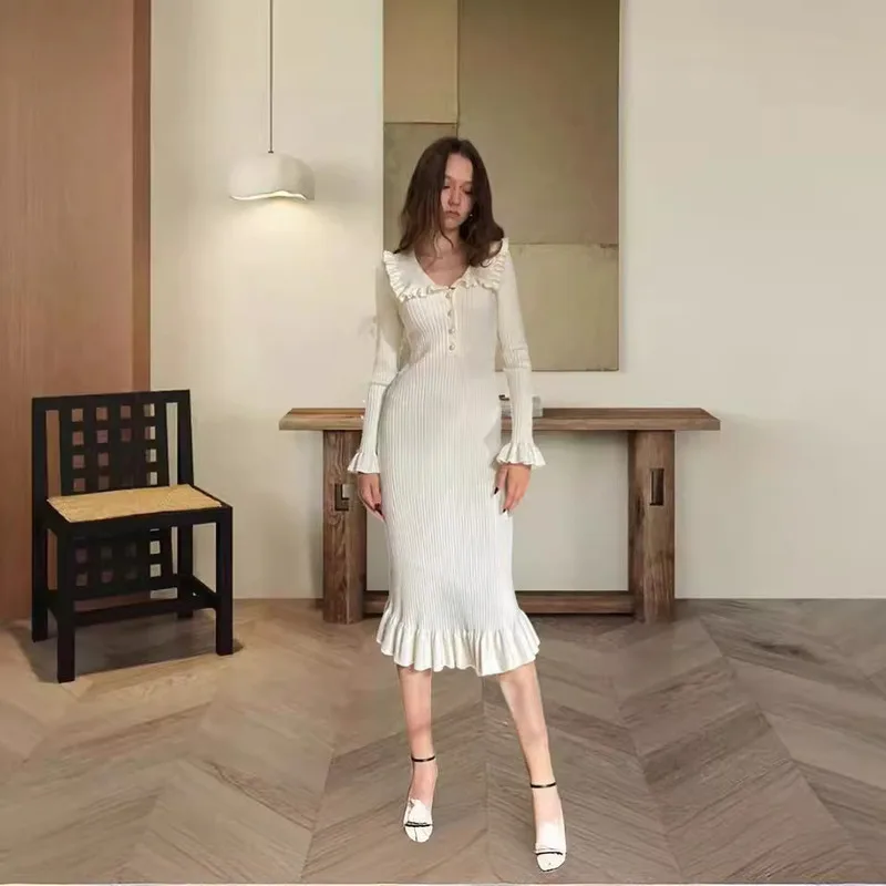 

Autumn Winter New Arrival Elegant Commuting Lady Retro Knit Dress With Ruffle Hem Detail Soft Comfortable Stretch Fabric Classic
