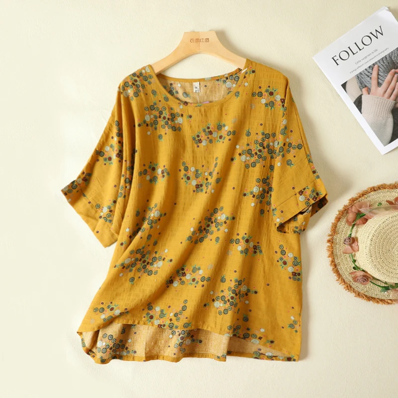 

Футболка из хлопка и льна с принтом ort Sve, женская круглая футболка большого размера, тонкий нестандартный льняной повседневный топ с цветочным принтом, летняя одежда