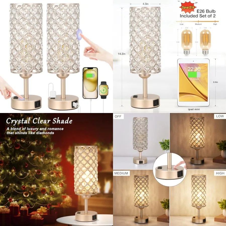 

Touch Table Lamps for Bedrooms Set of 2-3 Way Dimmable Crystal Lamps with Crystal Shade, Bedside Nightstand Lamp for Living Roo
