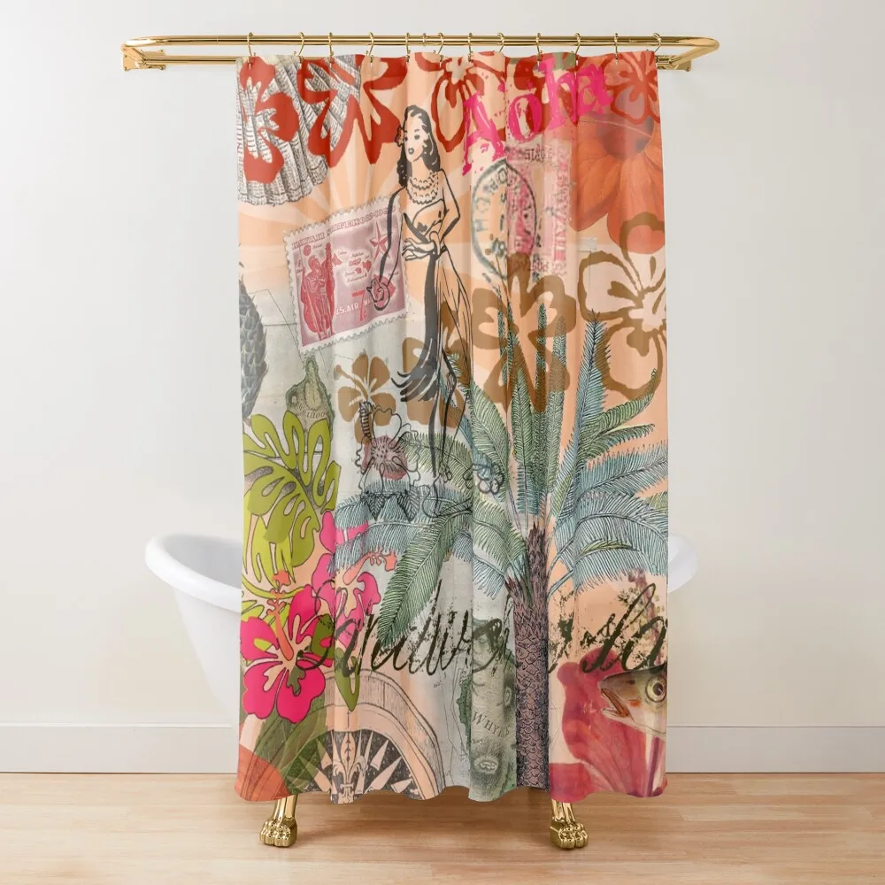 

Vintage Colorful Hawaii Tropical Flower Hula Collage Shower Curtain For Bathrooms Shower Set For Shower Curtain