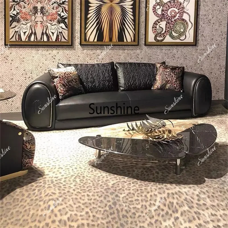 Italian light luxury living room black straight row leather sofa