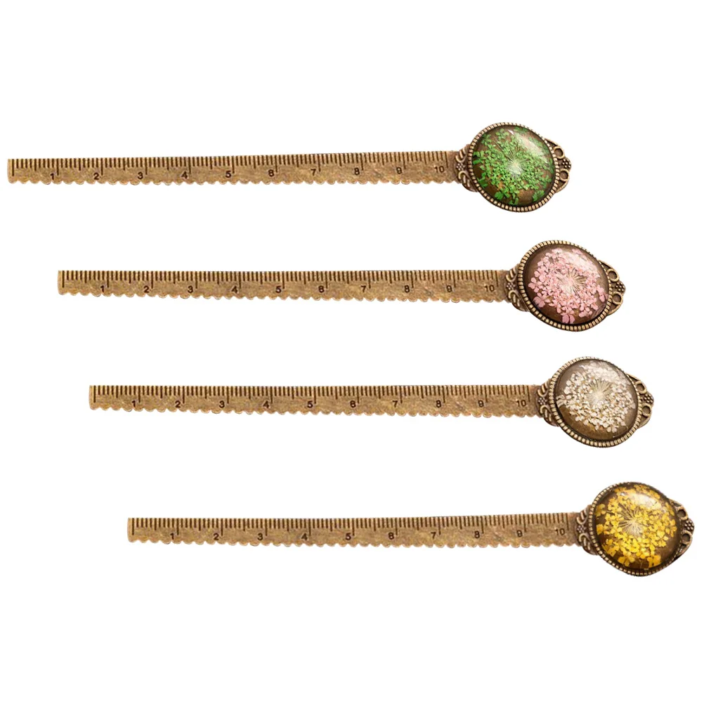 

4pcs Creative Retro Metal Bookmark Ruler Colorful Flower Bookmarks with Glass Gems as Book Page Marker School Supplies(Lace Whit