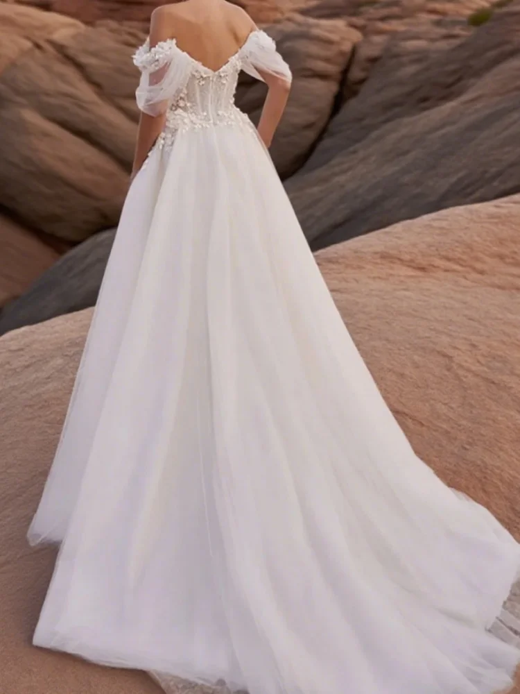 Femme robe de mariée épaules dénudées 3D fleur dentelle Appliques Corset os Tulle mariées robe a-ligne robes de mariée personnalisé
