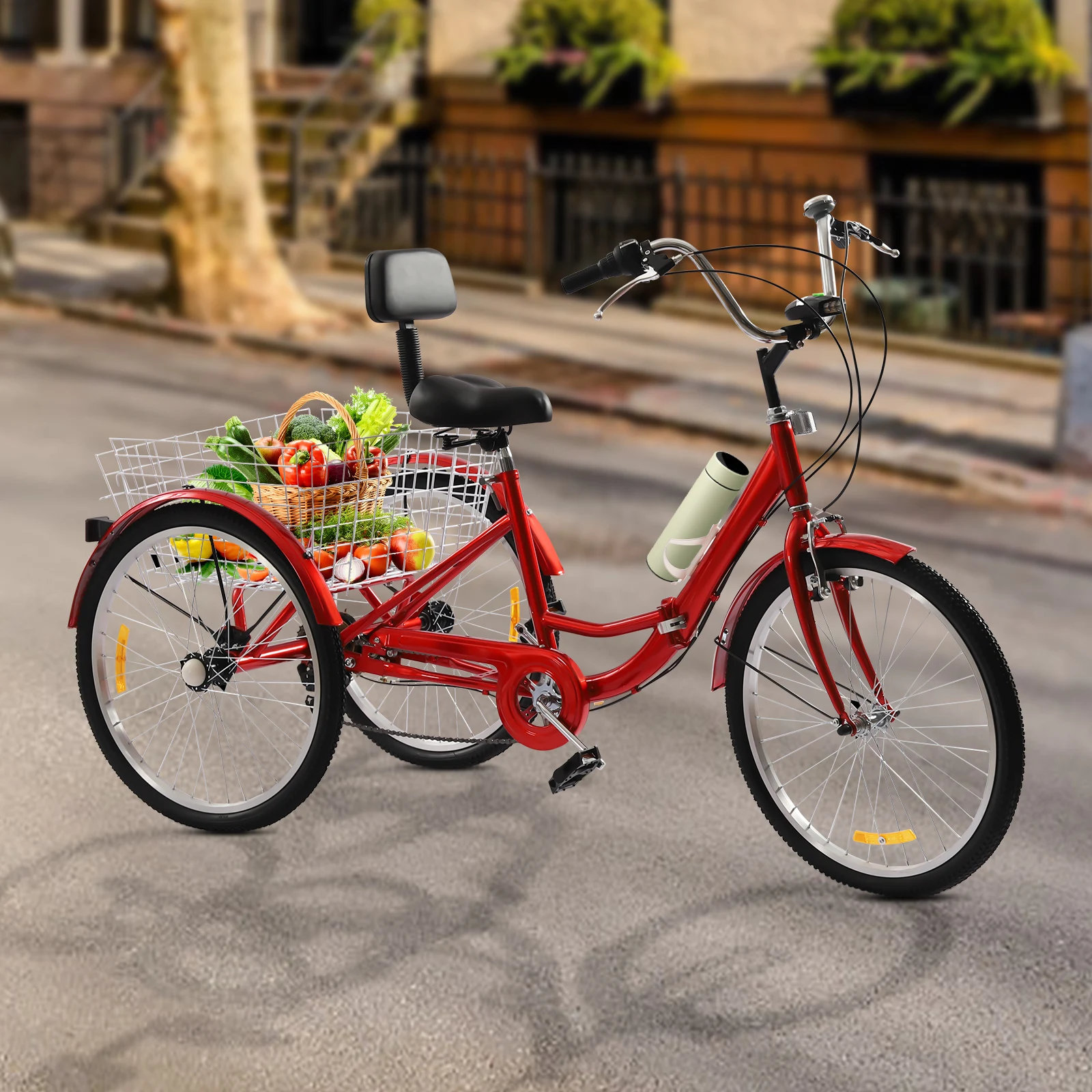 Modern Adult Tricycle 24 Inch 7 speed Red Folding Three-wheeled Bicycle with Water Cup Holder and LED Headlight