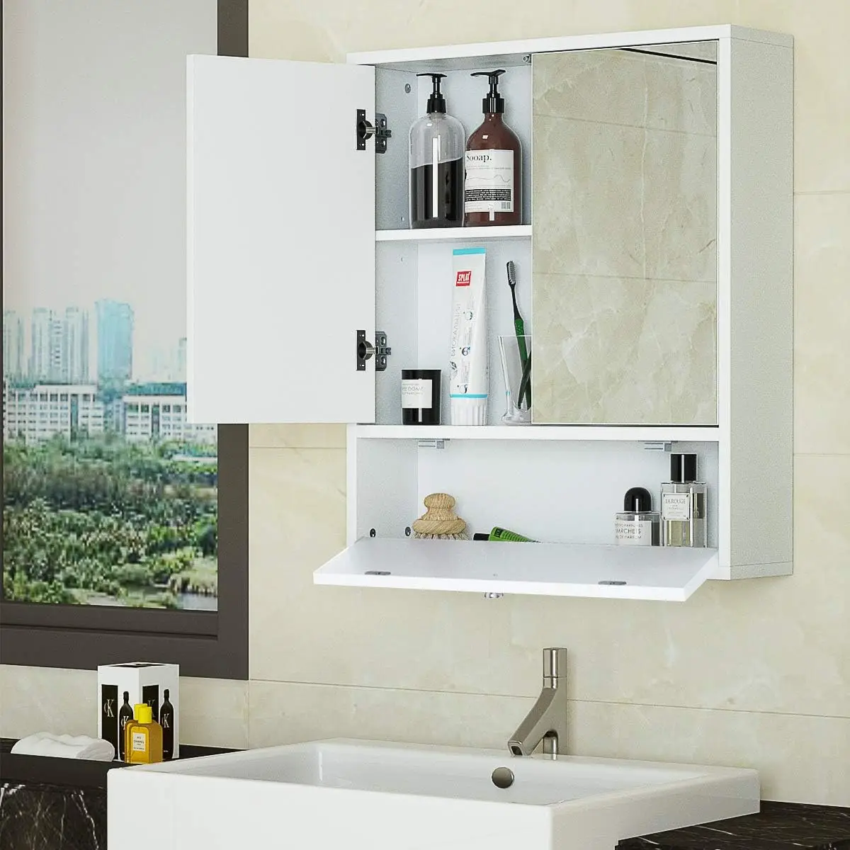 

Cabinet, Wall Mounted Medicine Cabinet with Mirror Doors & Adjustable , Mirrored Bathroom Cabinet, Bathroom Wall Cabinet, 2