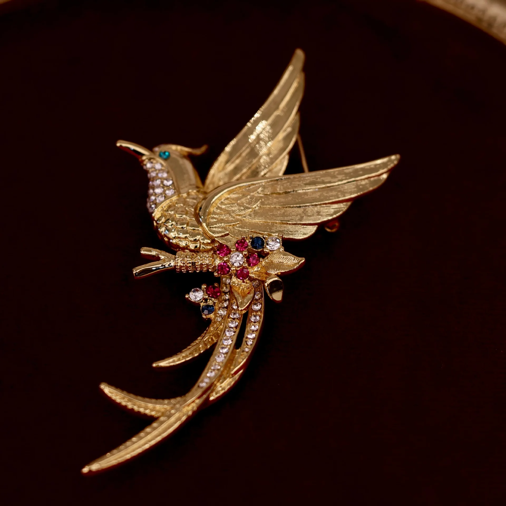 Brass Gold Plated Bird of Paradise Brooch Multicolor Rhinestone Vintage Suit Coat Lapel Pin
