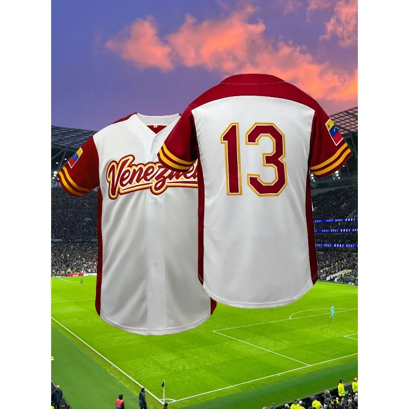 남성용 # 13 베네수엘라 스티치 야구 저지 클래식 레터 자수 통기성 스포츠웨어 반팔 티셔츠 남성 의류