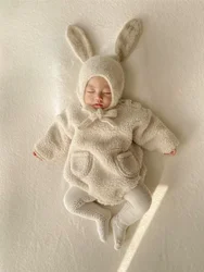 Autumn Winter New Baby Warm Double-sided Velvet Romper Girls Pocket Bodysuit Boys Beige Apricot Jumpsuit Kids Clothes no hat