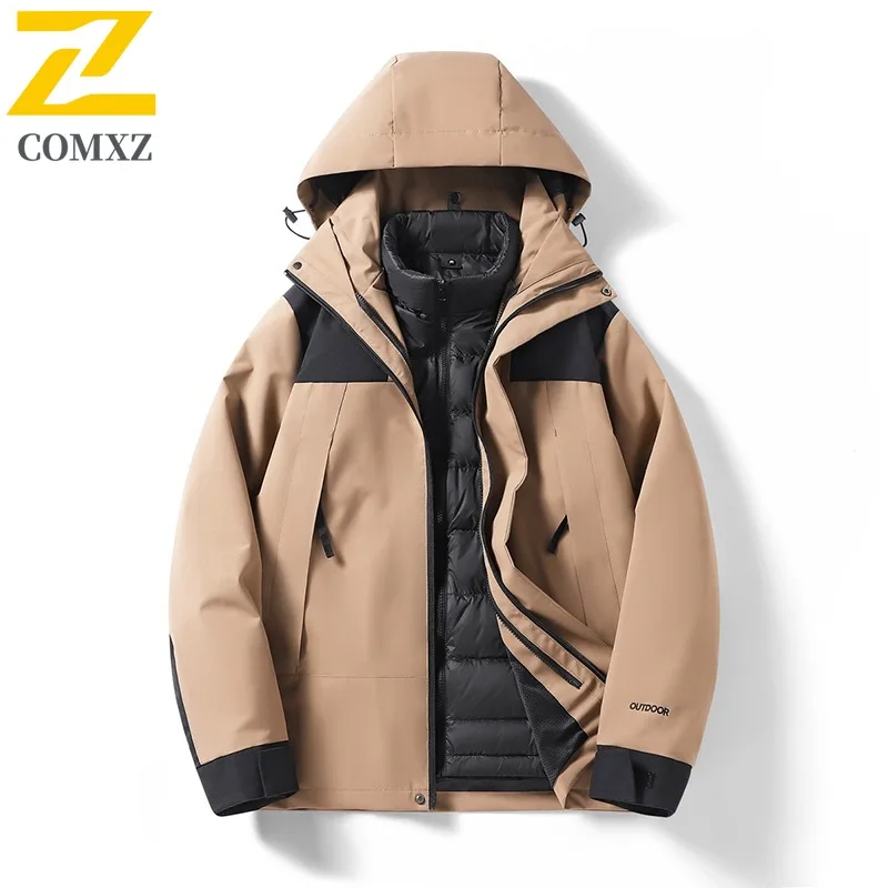 COMXZ 2025 Men Mountain Down Jacket  Waterproof Windproof Warm Insulated Detachable Hood Outerwear Outdoor Sport Quilted Jacket
