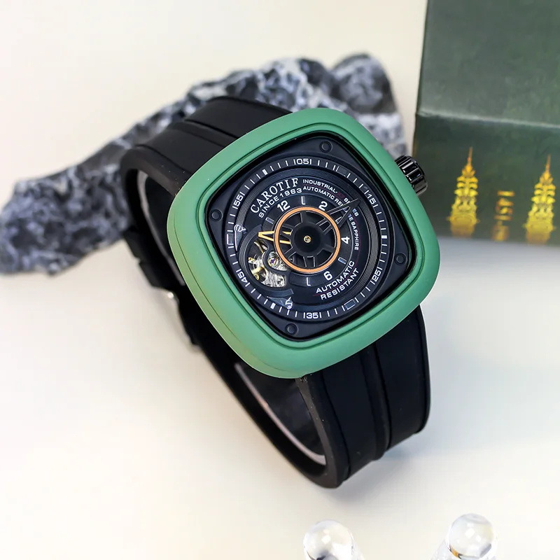 ساعة ميكانيكية أوتوماتيكية بالكامل بشريط أسود كلاسيكي أنيق مربع هيكل عظمي توربيون للرجال #4