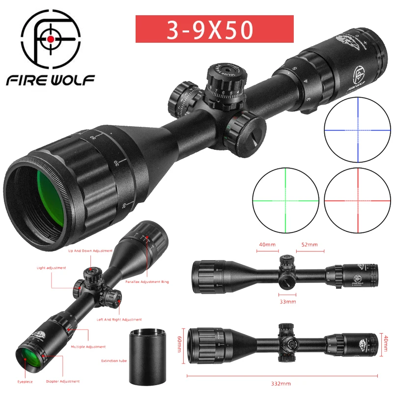 

FIRE WOLF3-9X50Hunting Tactical Rifle Scope Green Blue Red Dot Illuminated Reticle Sniper Optical Sight Spotting scope for rifle