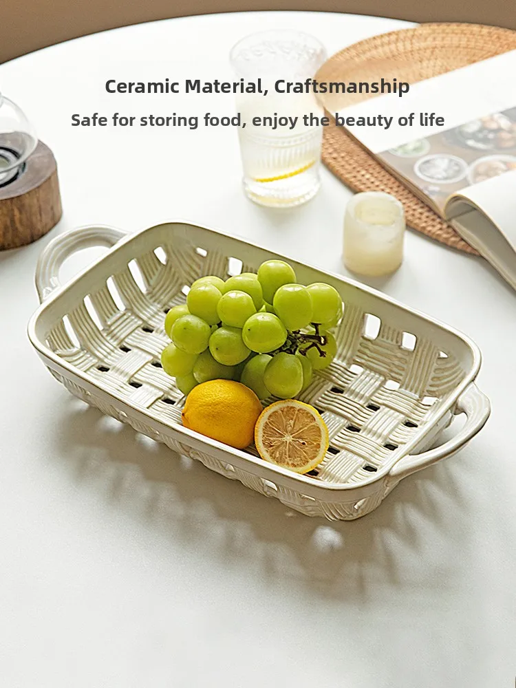 Modern Housewife Wicker Weaving Ceramic Fruit Tray Living Room Coffee Table Decoration Candy Tray Snack Fruit Basket Bowl view 3
