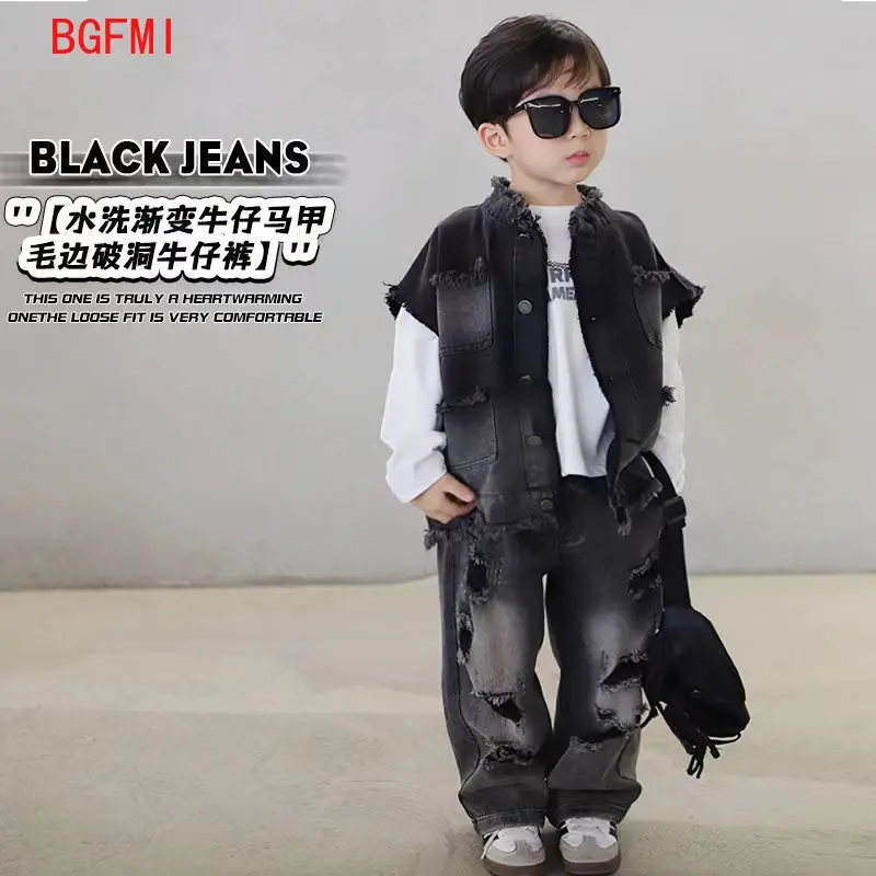 Spring Autumn Children's Clothing New Korean Fashion Vintage Denim Vest Letter White T-shirt Kids Boy Ripped Blue/black Jeans