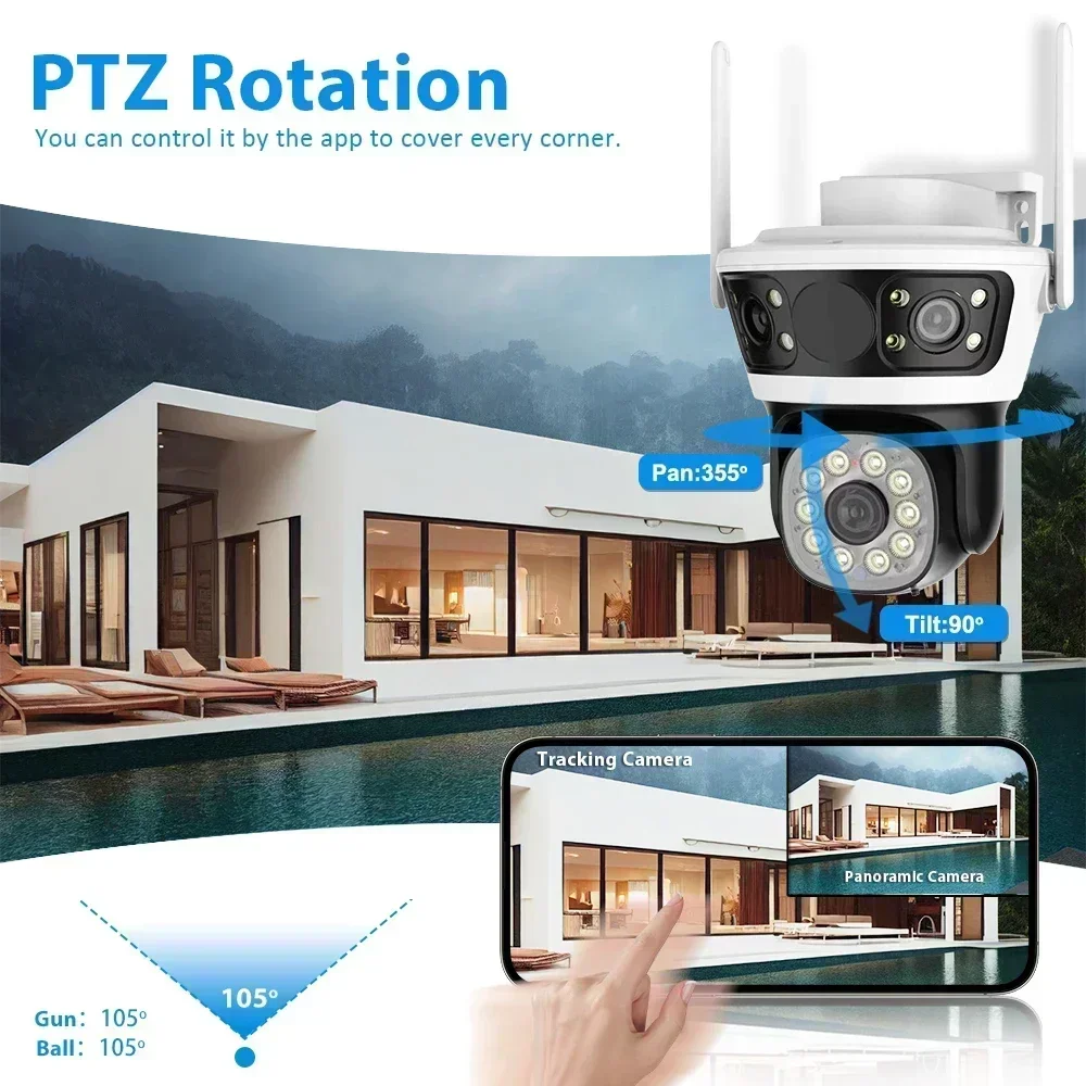 Câmera de vigilância WiFi 6MP PTZ externa com três lentes e três telas CCTV Câmera de rastreamento automático Câmeras de segurança