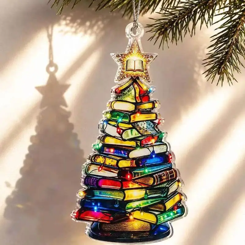 Christmas Tree Hanging Ornament Creative Stacked Books with Star Topper for Book Lovers Xmas Holiday Gift Decor