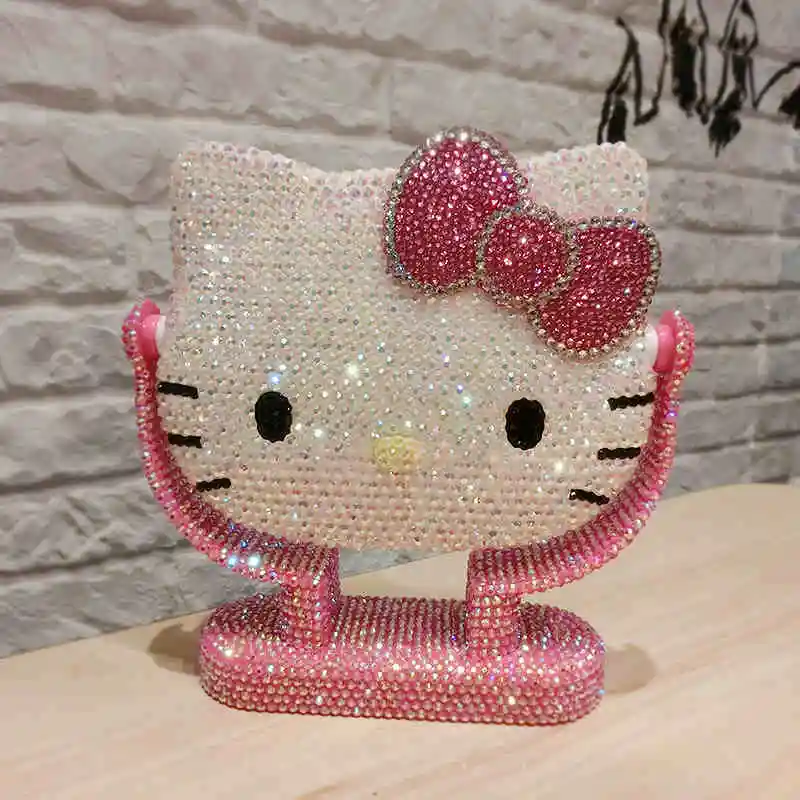 Kawaii Hello Kitty Vanity Mirror Cartoon Shiny Rhinestones Beauty Handheld Mirror Diamond Pink Flip Birthday Gifts Lovely